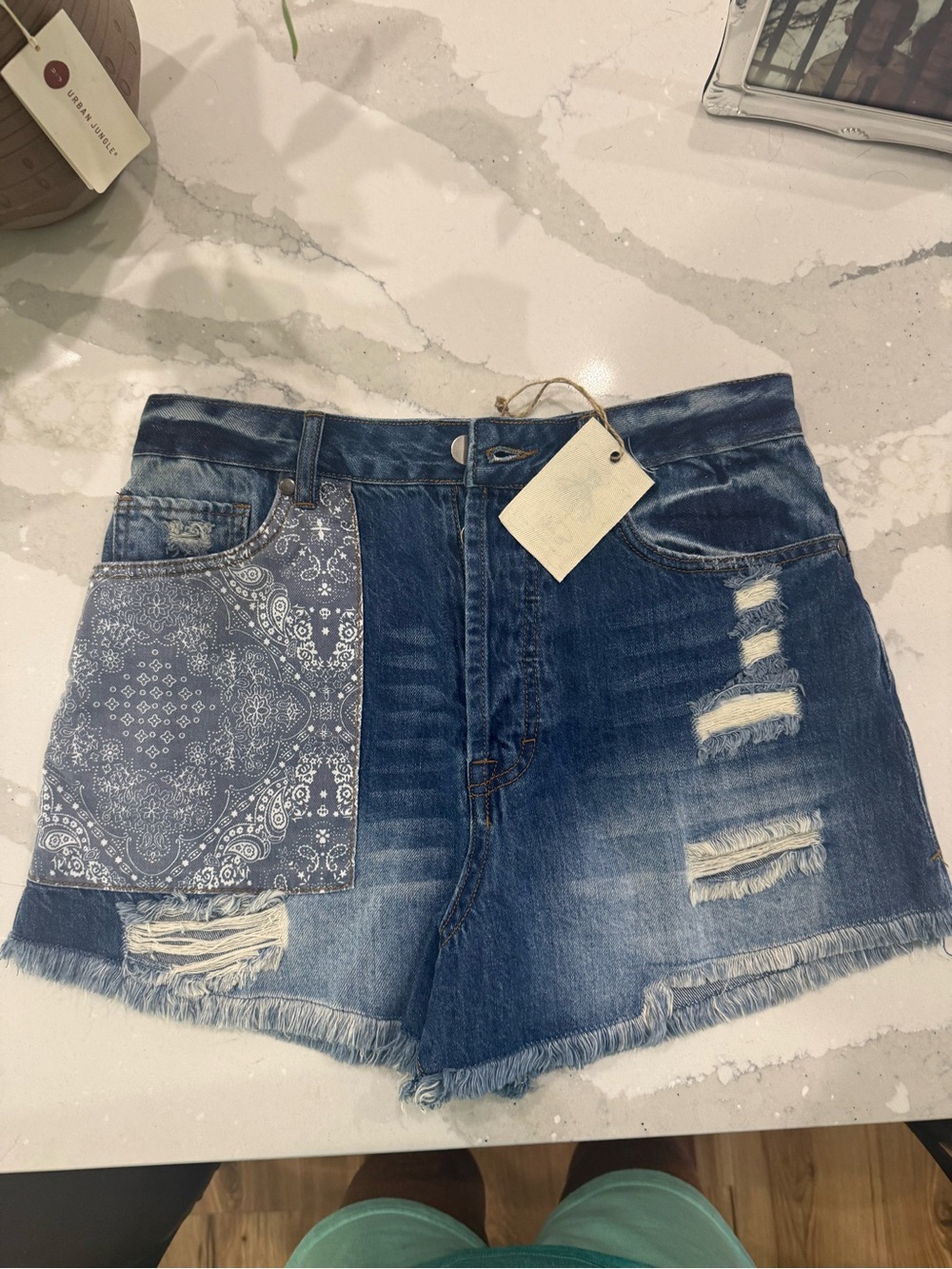 easel Blue Denim Shorts with Tan Tag Accent